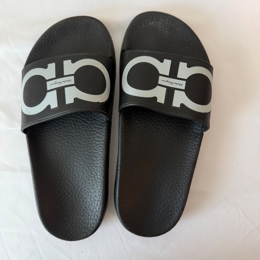 Salvatore Ferragamo Gancini Slides Black White Rubber Pool Sandals Made in Italy
